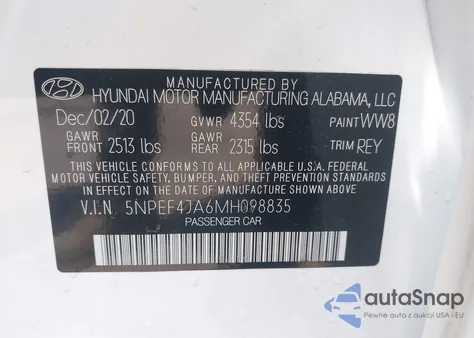 2021 Hyundai Sonata Sel from USA, damaged, VIN 5NPEF4JA6MH098835